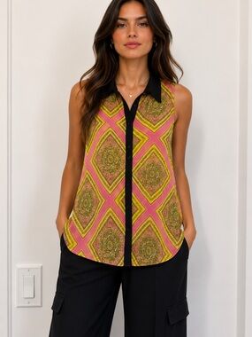Decree Pink & Yellow Geometric Sleeveless Button-Front Top